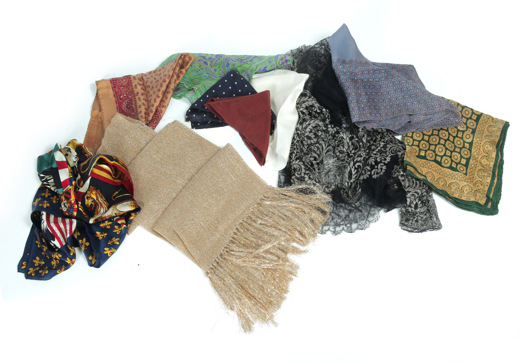 Appraisal: GROUP OF SILK SCARVES AND POCKET SQUARES European th century