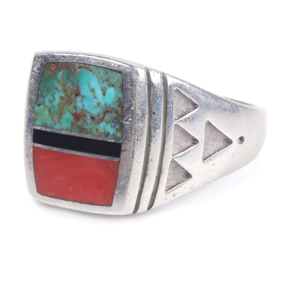 Appraisal: SOUTHWESTERN NATIVE AMERICAN NAVAJO ZUNI SIGNED STERLING SILVER RING INLAID