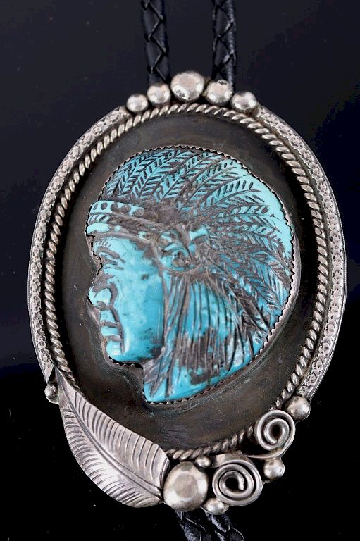 Appraisal: Navajo Chief's Bust Carved Turquoise Bolo Tie For your consideration