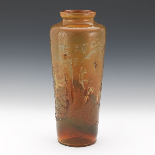 Appraisal: GALLE LANDSCAPE WITH HOLLYHOCKS CAMEO VASE x - Stately tapered