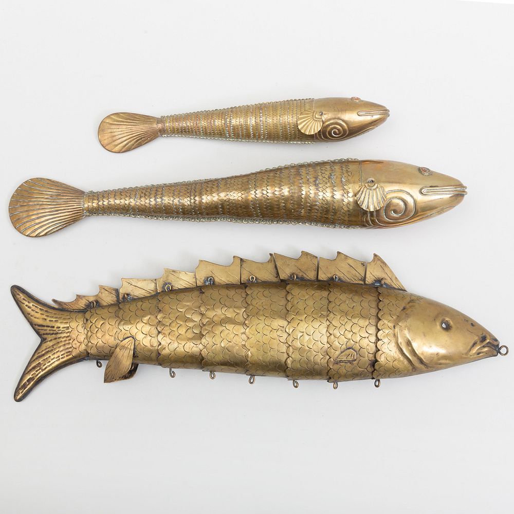 Appraisal: Group of Three Brass Articulated Fish The largest in long