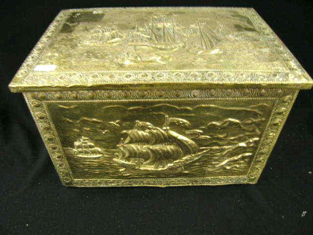 Appraisal: Brass Wood Fireplace Box hinged cover sailing ship decor wide