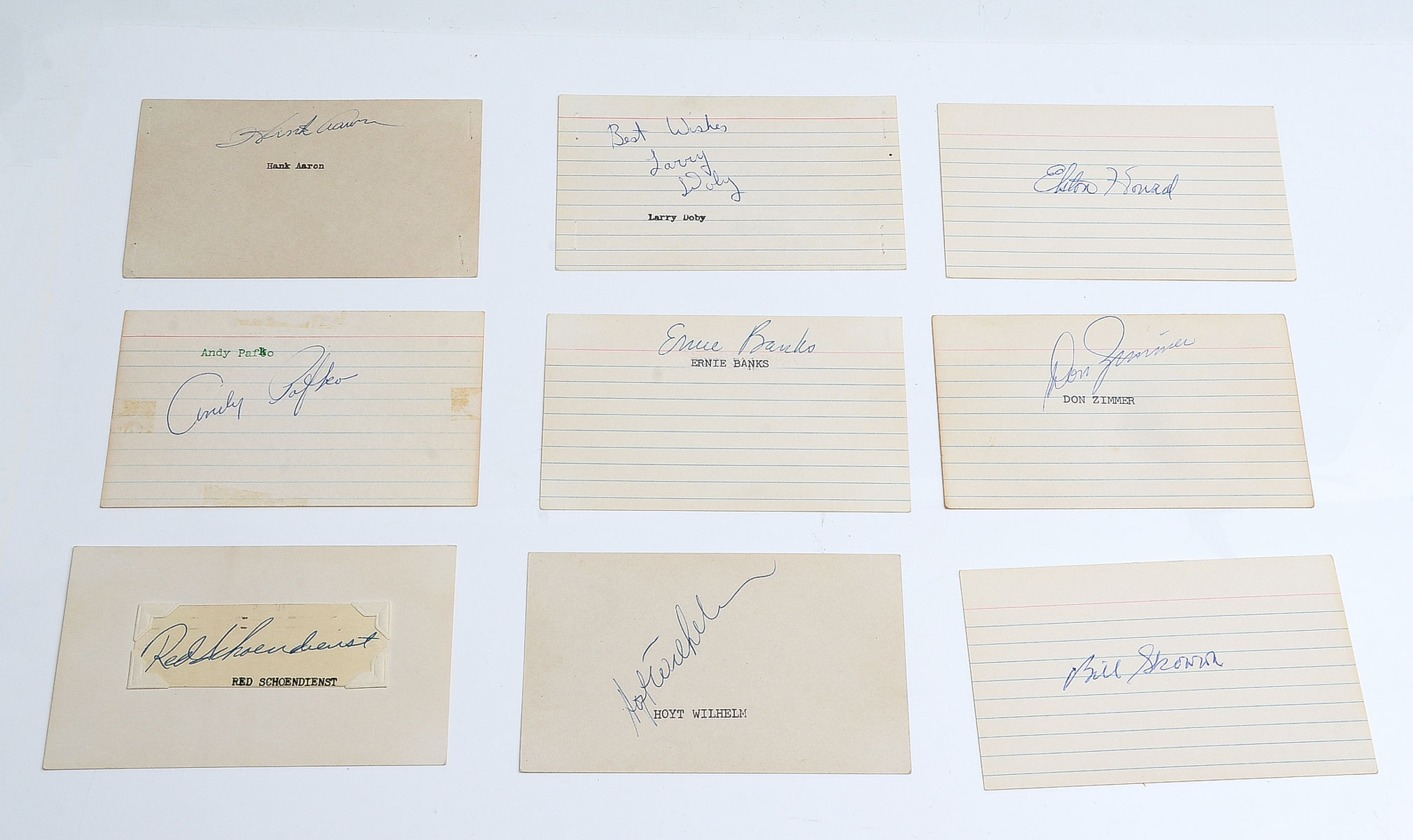 Appraisal: NINE MAJOR LEAGUE BASEBALL AUTOGRAPHS ON INDEX CARDS Lot to