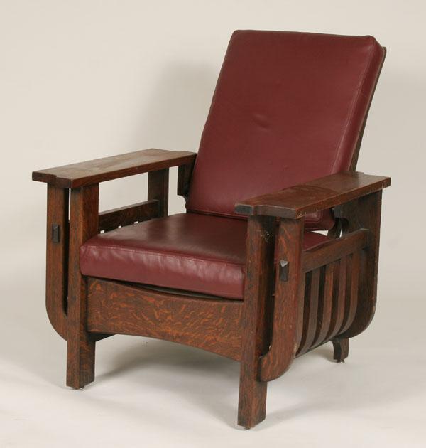 Appraisal: Arts Crafts mission oak Morris reclining chair positions leather cushions