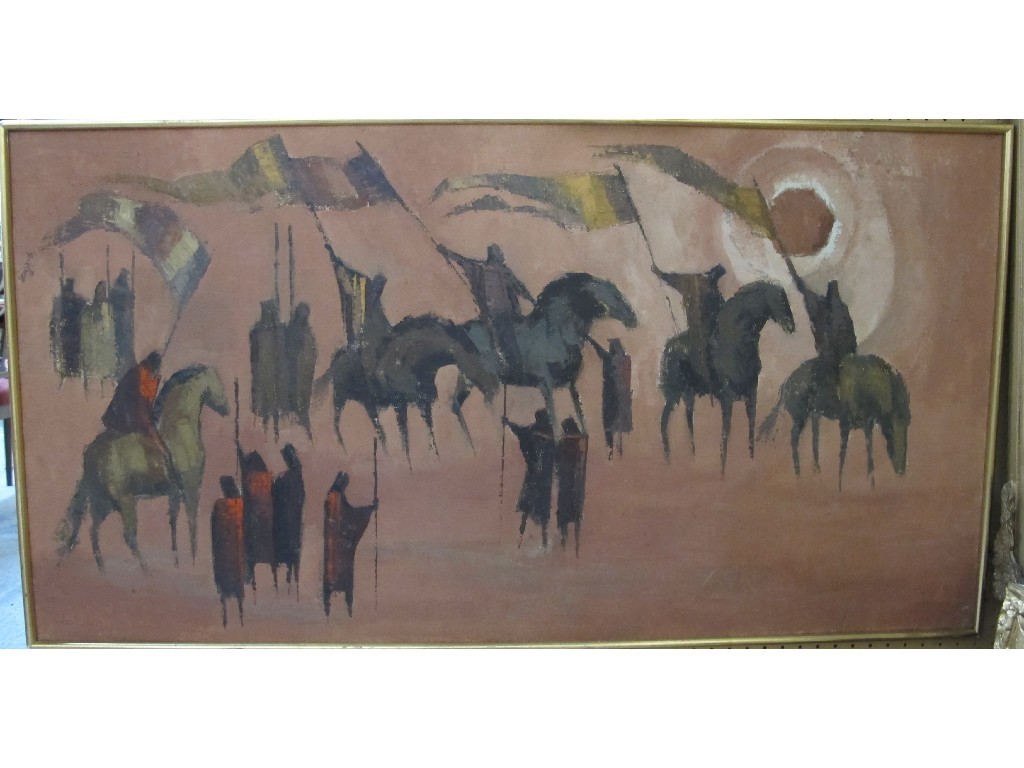 Appraisal: Attributed to DEBORAH JONES Oil on canvas 'Knights'