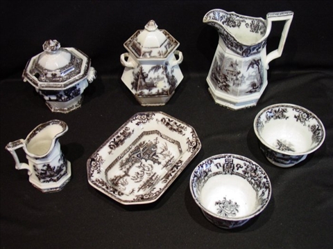 Appraisal: SEVEN BLACK AND WHITE MULBERRY SERVING PIECES