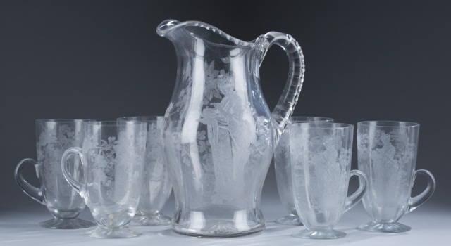 Appraisal: H C Fry Japanese Maid Etched Glass Beverage Set Seven