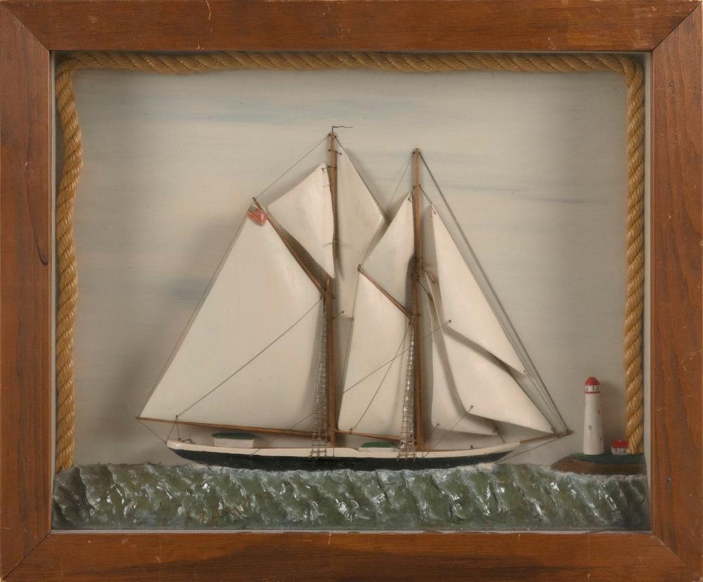 Appraisal: SHADOW BOX MODEL OF A SCHOONER AMERICA MID- TH CENTURY