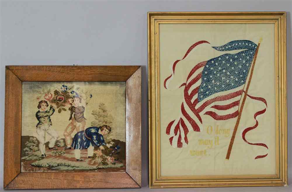 Appraisal: VINTAGE WAVING FLAG SILK EMBROIDERY AND VICTORIAN BERLIN WORK NEEDLEPOINT