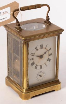 Appraisal: A gilt brass half-hour strike carriage alarm clock No cm