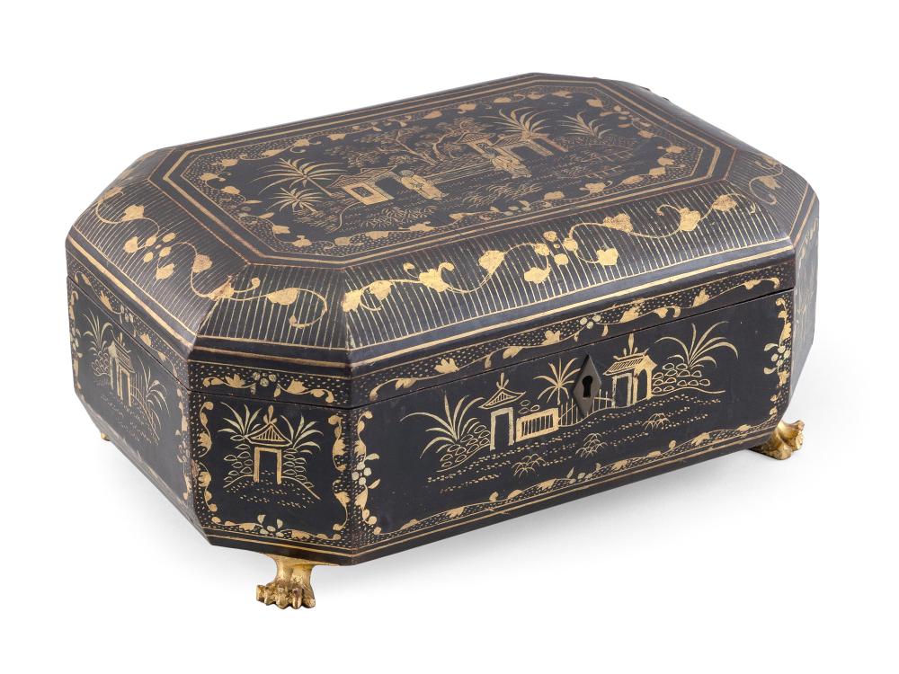 Appraisal: CHINESE EXPORT BLACK AND GOLD LACQUER SEWING BOX Late th