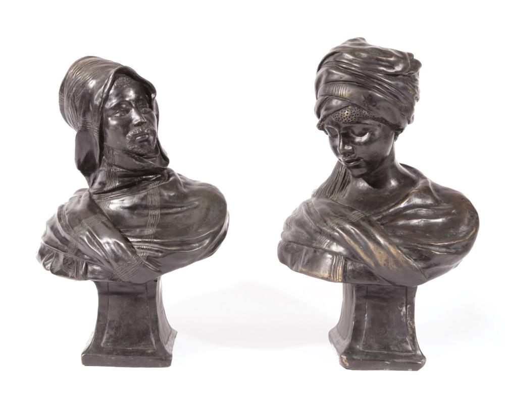 Appraisal: Pair of Continental Patinated Bronze Busts of Arabs inscribed ETRA