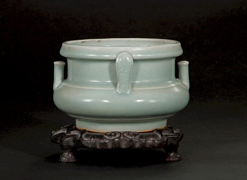 Appraisal: Rare Lungchuan Celadon Incense Burner Of compressed globular body rising