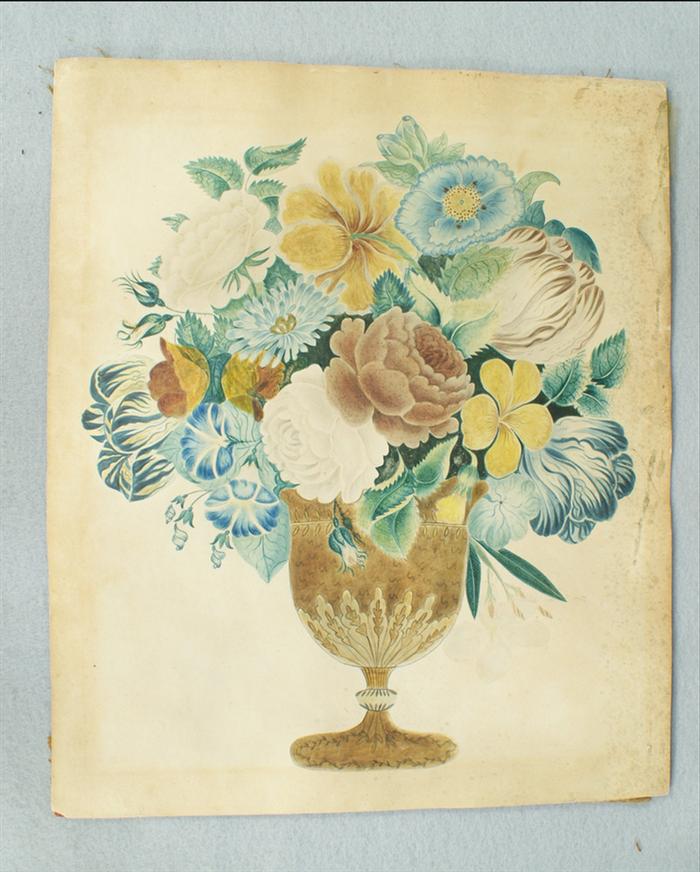 Appraisal: th c folk art watercolor of an urn of flowers