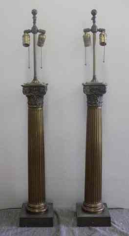 Appraisal: Pair of Antique Bronze Column Lamps withCorinthian Tops From a