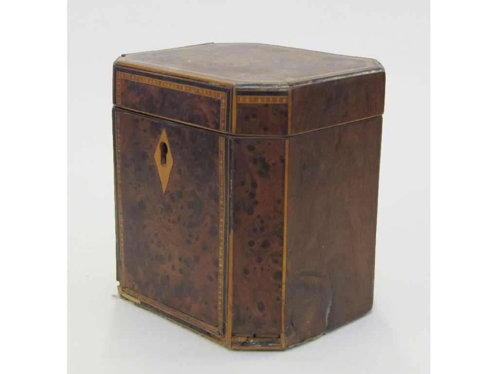 Appraisal: Burr wood single tea caddy with inlaid decoration