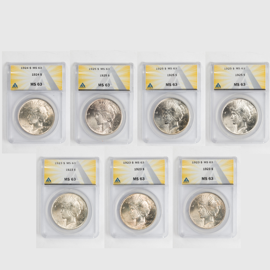 Appraisal: LOT OF PEACE SILVER DOLLARS ALL GRADED BY ANACS MS