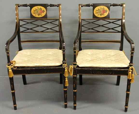 Appraisal: Pair of Classical form chairs black with paint and extensive