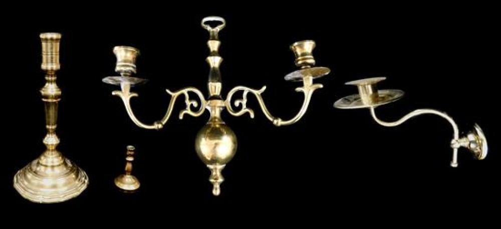 Appraisal: Four brass reproduction candlestick holders two tabletop h with Colonial