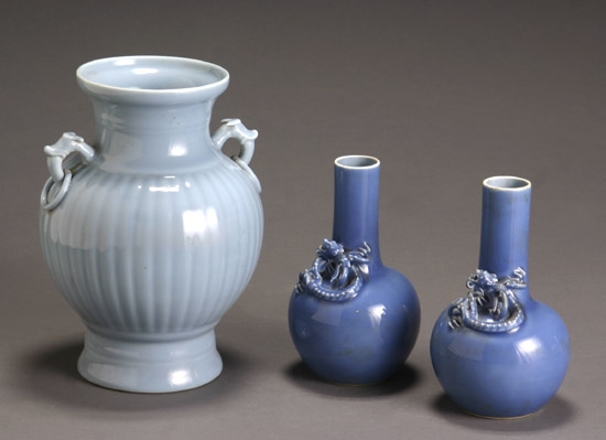 Appraisal: Pair of Chinese Light Blue Glazed Bottle Vases and a