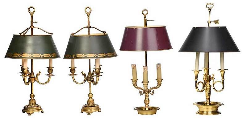 Appraisal: Four Bronze Bouillette Lamps Metal Shades th century pair of