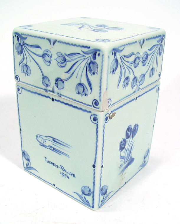 Appraisal: Square Delft pottery tobacco jar and cover commemorating the Tulpen