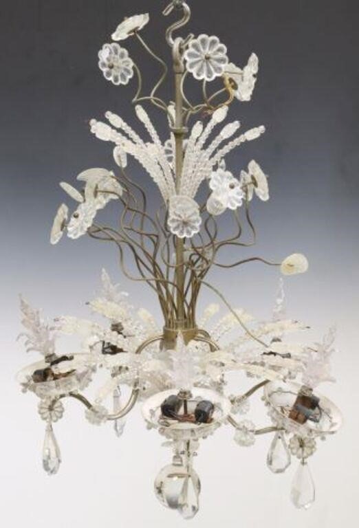 Appraisal: French crystal twelve-light chandelier having patinated metal trailing stem standard