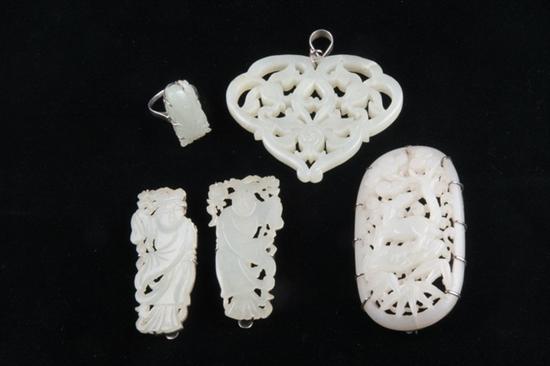 Appraisal: FIVE PIECES CHINESE CARVED MUTTON-FAT-TO-PALE-CELADON COLOR JADE JEWELRY Two figural-carved