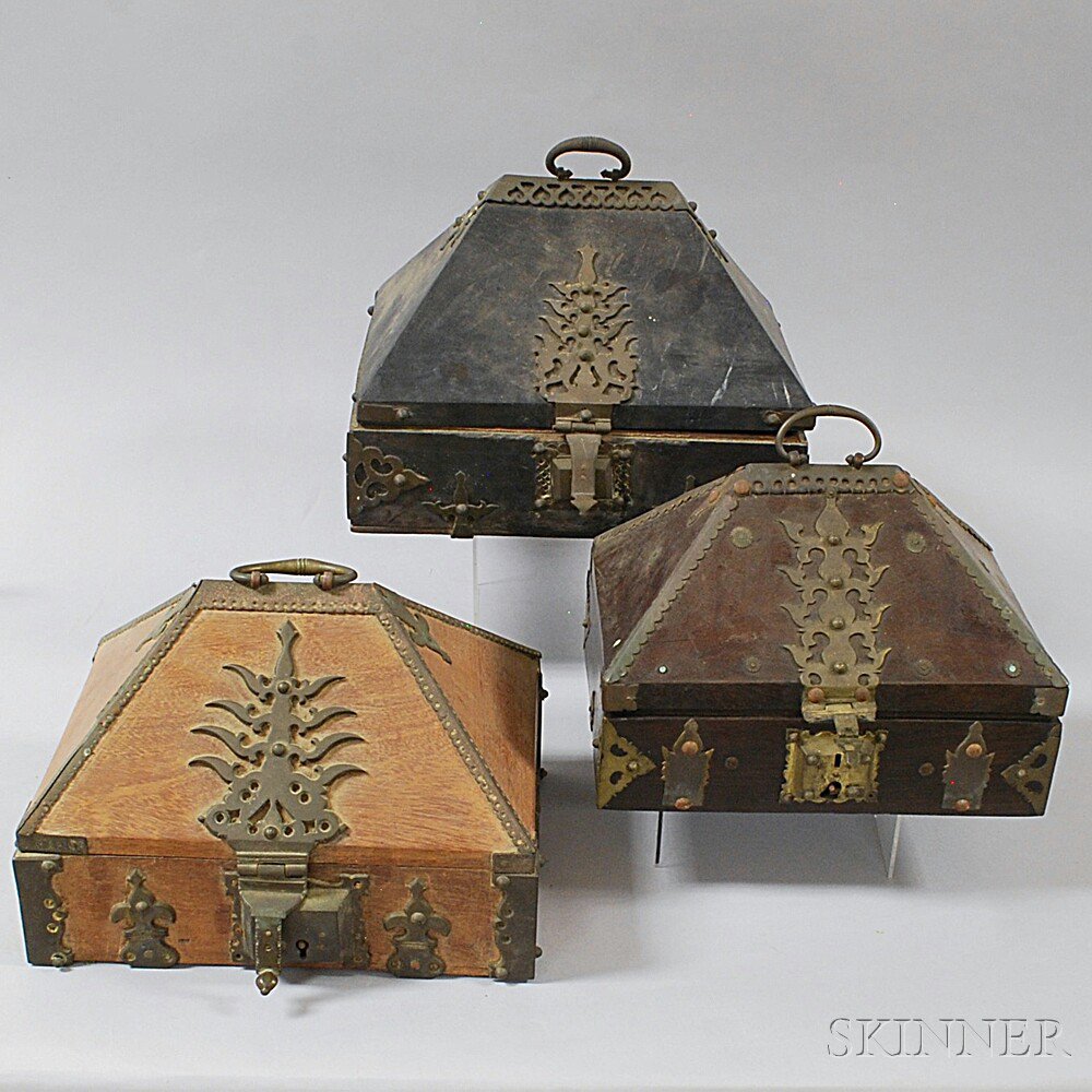 Appraisal: Three Malabar Boxes India lockable lidded boxes with decorative metalwork