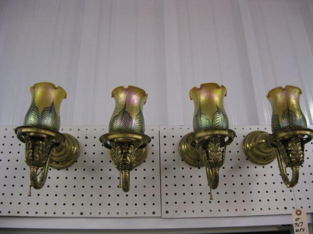 Appraisal: Set of Sconces with Art Glass Shades iridescent with pulled