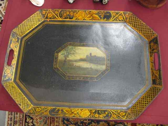 Appraisal: Victorian Handpainted Tole Tray landscape in center handled floral lattice