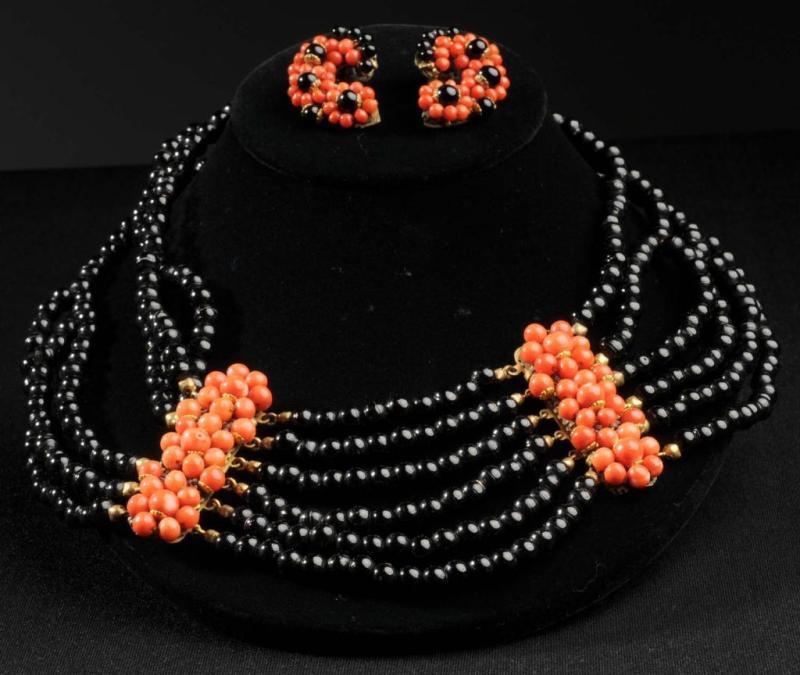 Appraisal: Signed Italy Coral Necklace Earrings Description Marked CZT Italy Three