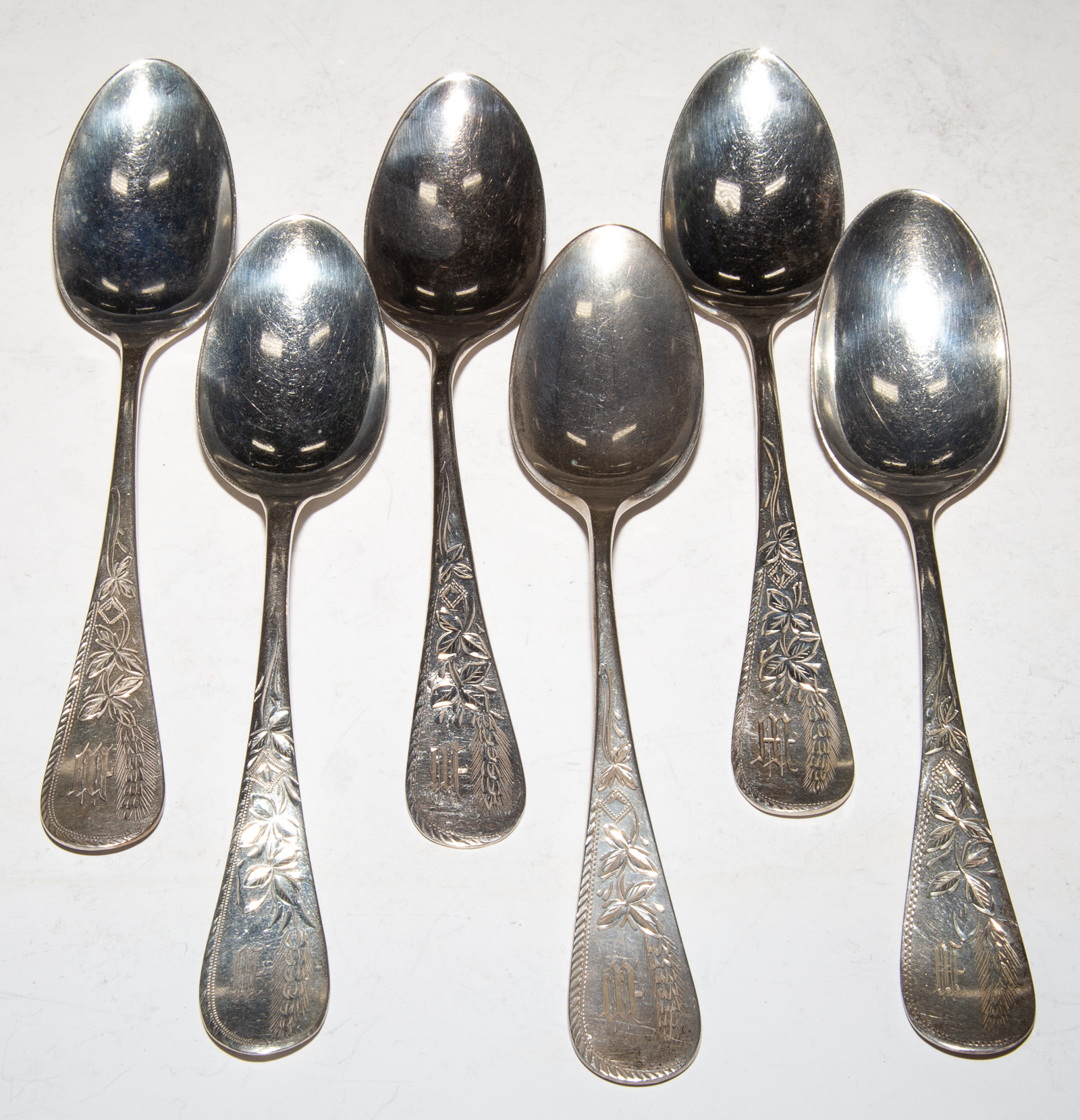 Appraisal: SIX STERLING BRIGHT-CUT DECORATED TEASPOONS Three by Schofield monogrammed ozt