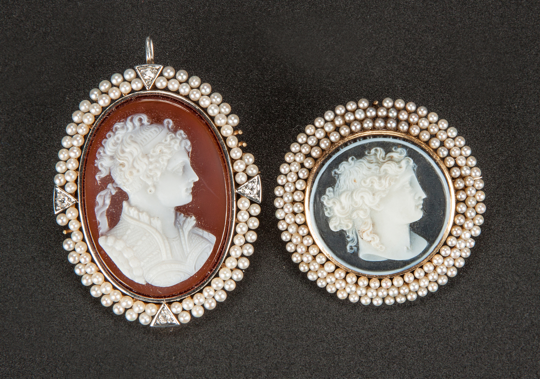 Appraisal: Two Cameo Pins L K gold diamonds Missing seed pearls