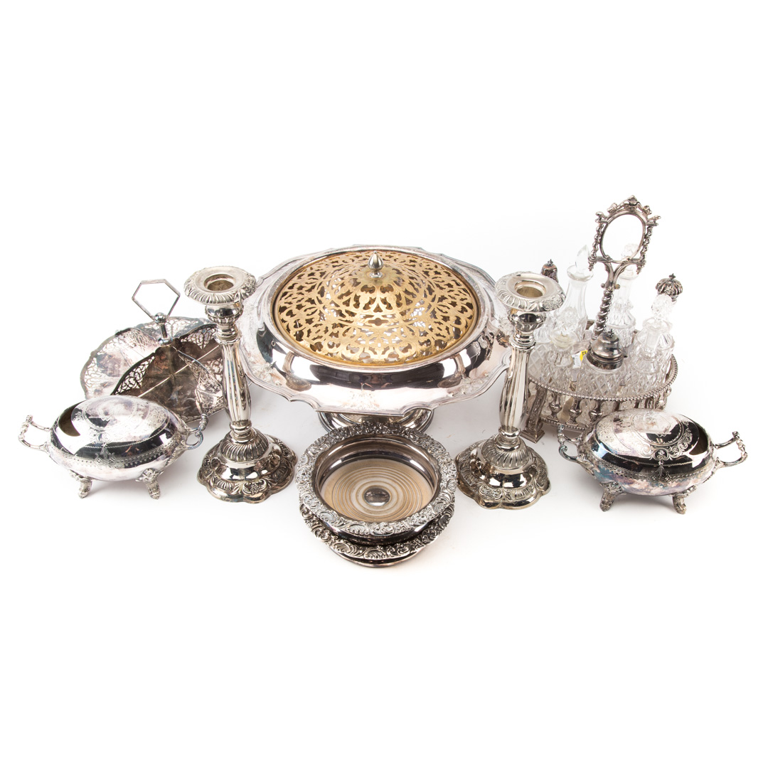 Appraisal: Assorted silver-plated articles including potpourri centerpiece cruet set with cut