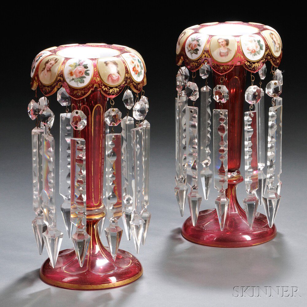 Appraisal: Pair of Bohemian Cranberry Glass Girandoles th century gilded foliage