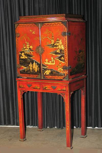 Appraisal: A Chinoiserie decorated scarlet lacquered side cabinet mid th century