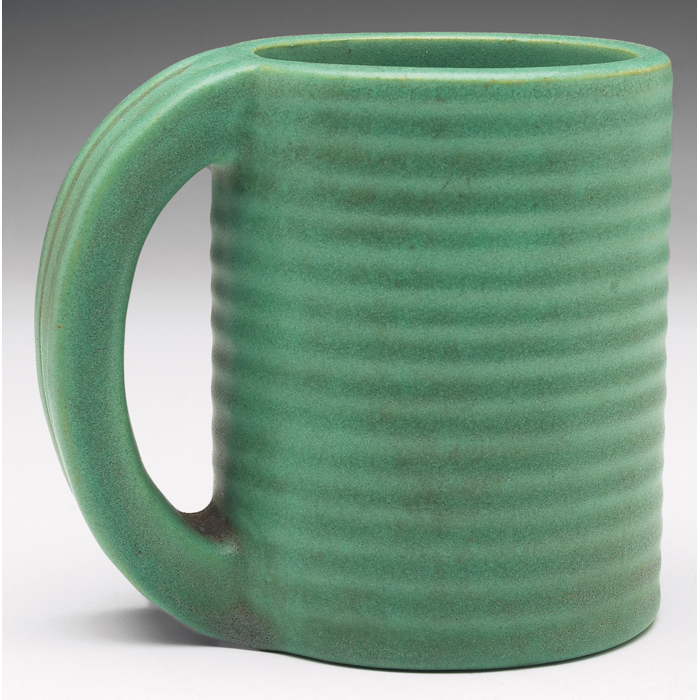 Appraisal: Teco handled vessel ribbed shape under a good green matte