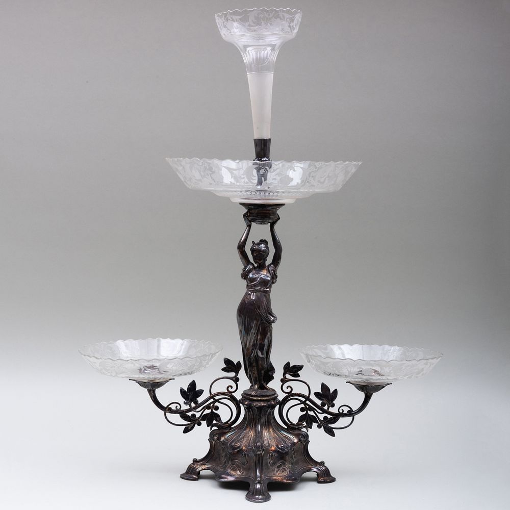 Appraisal: Silver Plate and Glass Figural Epergne x x in The