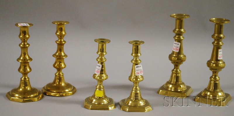 Appraisal: Three Pairs of Brass Candlesticks ht to in