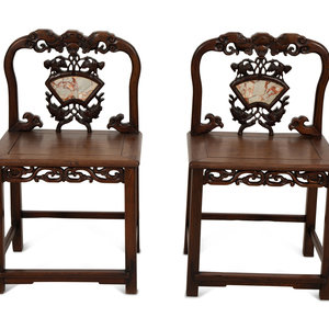 Appraisal: A Pair of Chinese Carved Hardwood Side Chairs with Marble