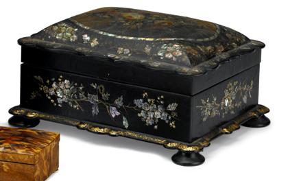 Appraisal: Victorian painted mo Ther-of-pearl inlaid and ebonized papier mache work