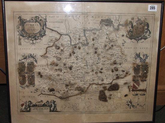 Appraisal: BLAEU - Map of Surrey double page engraving hand coloured