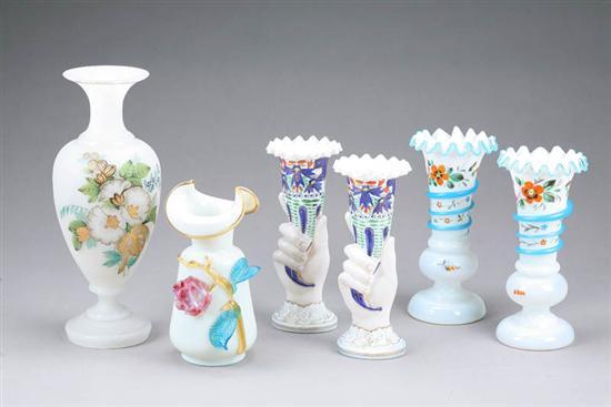 Appraisal: SIX MILK GLASS VASES Two torch in hand vases with