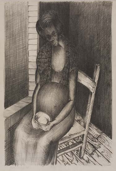 Appraisal: NORMAN LEWIS - Untitled Seated Pregnant Woman with Cup Lithograph