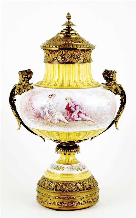 Appraisal: Sevres style ormolu-mounted porcelain covered urn th century reeded neck