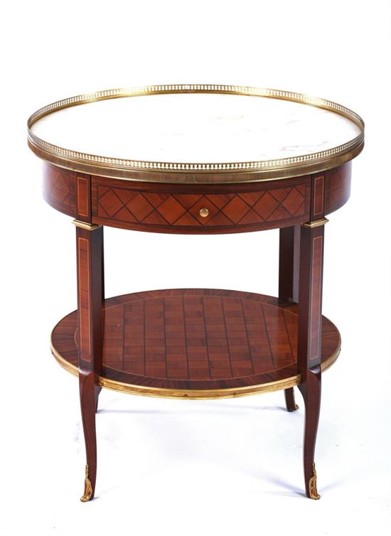 Appraisal: TRANSITIONAL LOUIS XV XVI STYLE MARBLE-TOP PARQUETRY INLAID BOUILLOTE TABLE