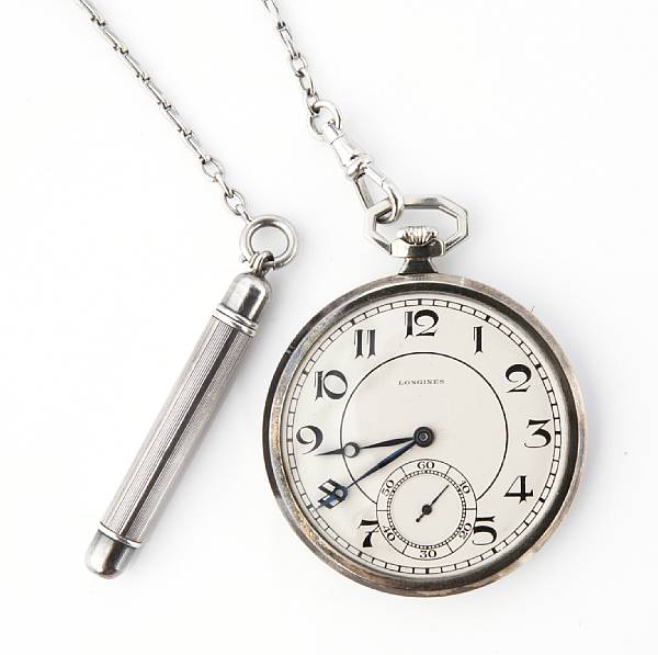 Appraisal: An k white gold Longines open pocket watch with silver