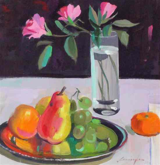 Appraisal: John Cunningham - oil on canvasboard 'Flowers and fruit' signed