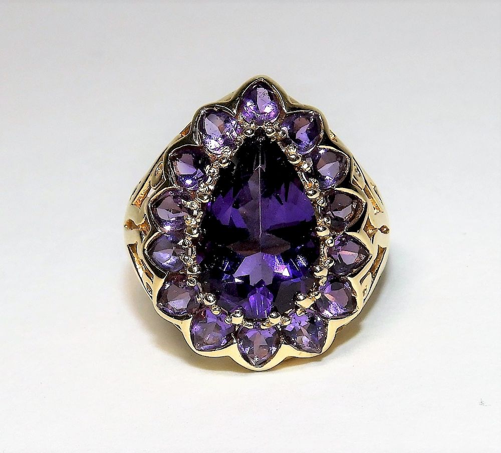 Appraisal: K Yellow Gold Amethyst Cluster Cocktail Ring Contemporary Large pear